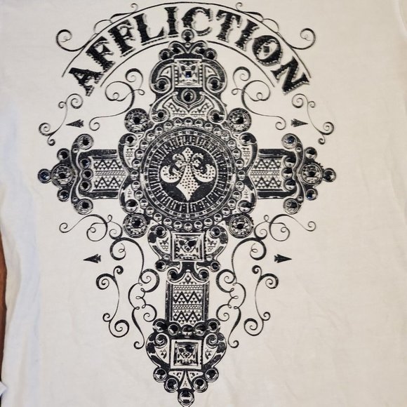 Y2k S/M Sinful Affliction Thin Sweatshirt Shirt Cream‎ Large Cross Embellished - Picture 5 of 10